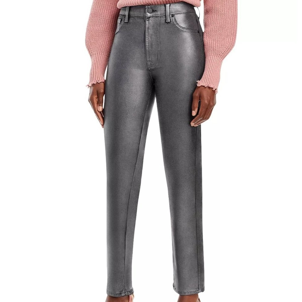 NWT - 7 For All Mankind High Waisted Straight Metallic Jeans in Coated Pewter